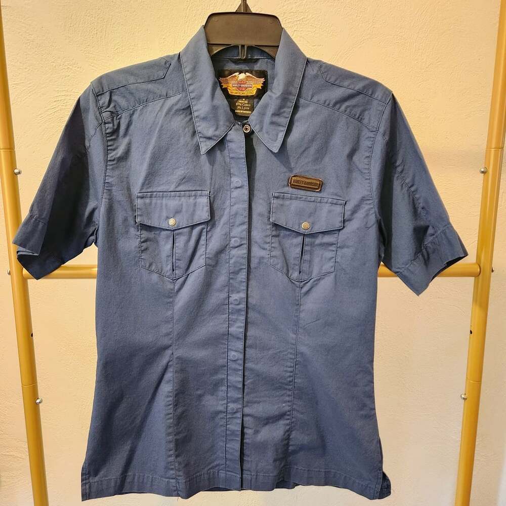 Harley-Davidson Women's Blue Short Sleeve Button-Up Shirt Size M